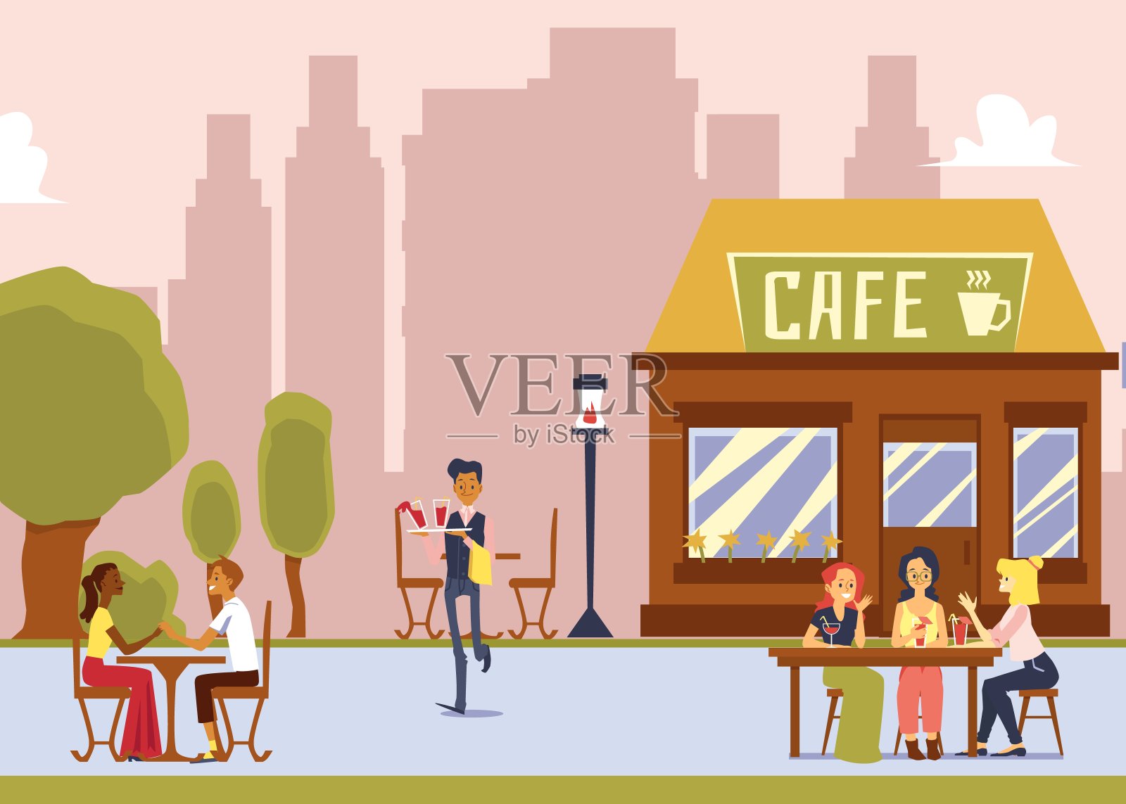 有户外座位的街头咖啡馆——卡通侍者为女士们提供饮料插画图片素材