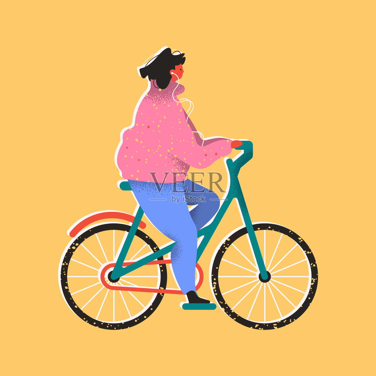 一个骑自行车的年轻女子。可爱的女性卡通人物在散步。时尚的彩色矢量插图在平面风格插画图片素材