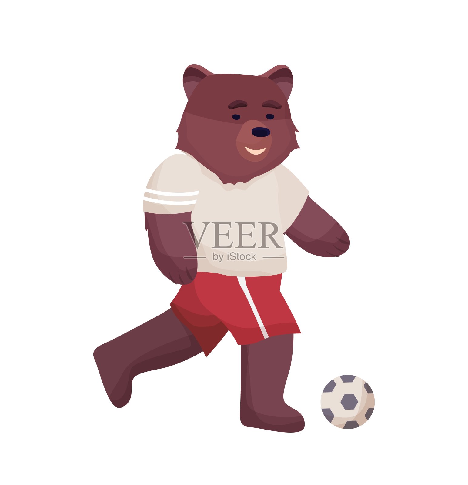 卡通人物熊足球运动员在运动制服t恤和短裤踢足球。矢量平面卡通插图上的白色背景。插画图片素材