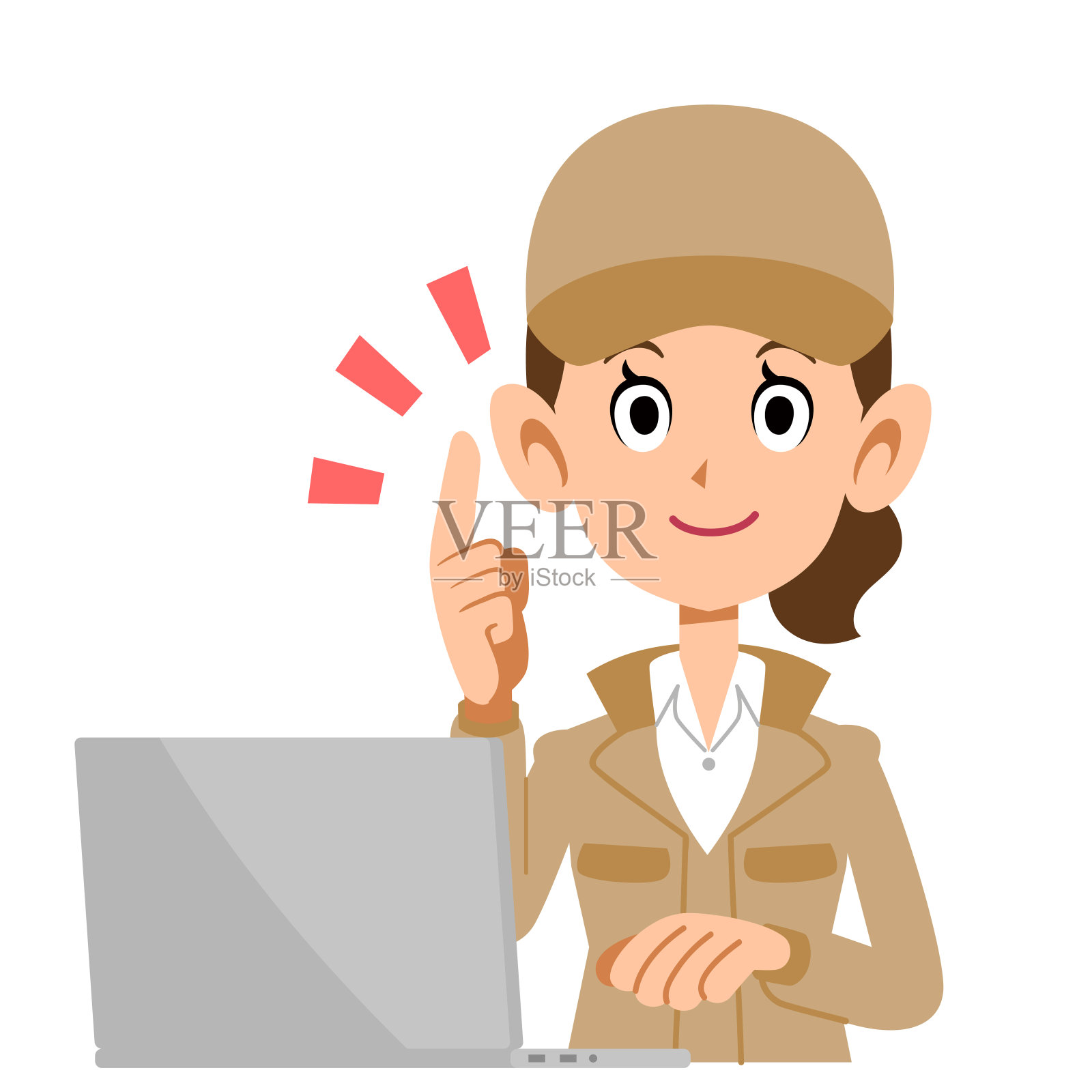 一个穿着米色工作服的女人用手指着手提电脑插画图片素材