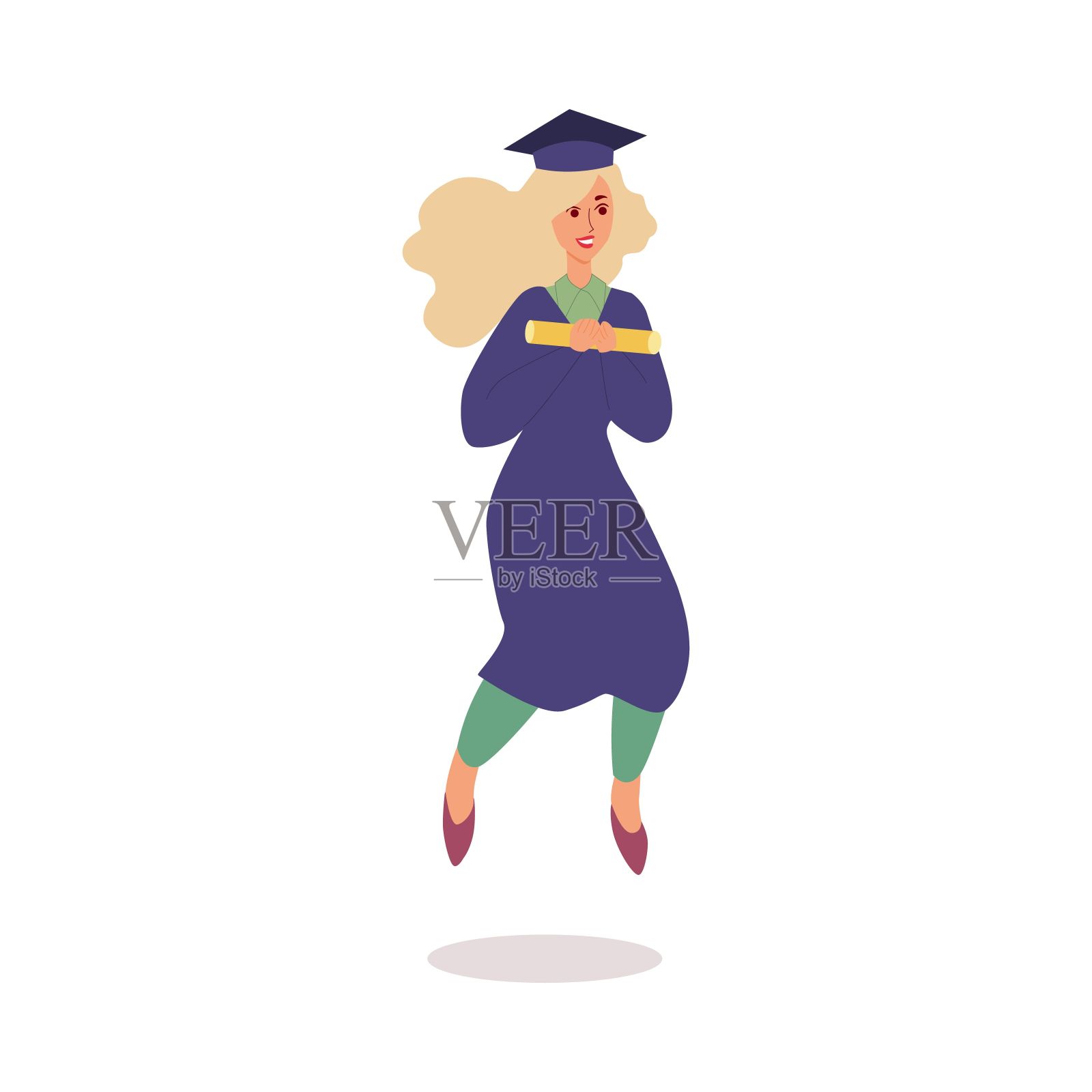 大学生戴着毕业帽，穿着毕业服，从幸福中跳出来插画图片素材