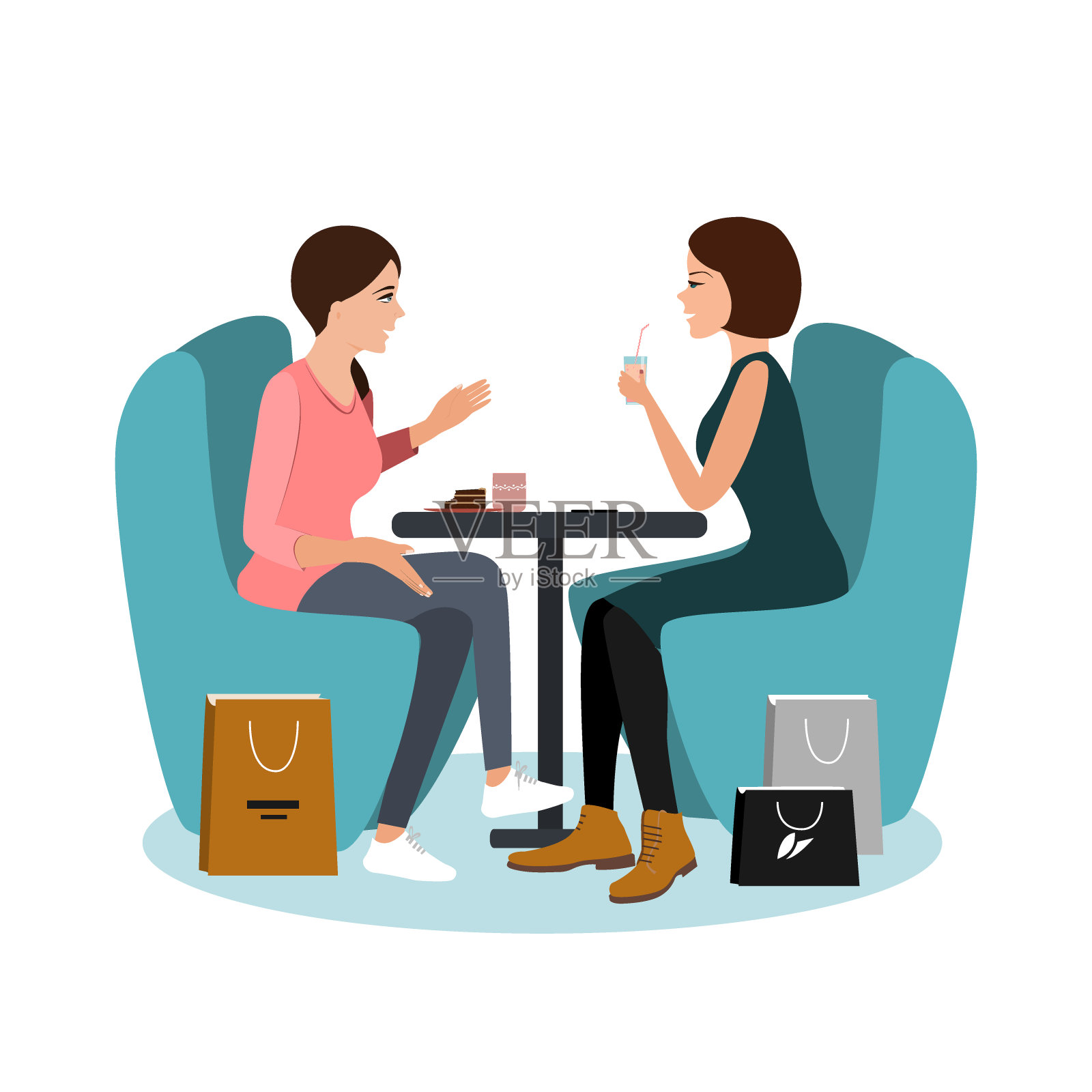 两个快乐的女孩坐在咖啡馆购物后孤立的白色背景。矢量图设计元素图片