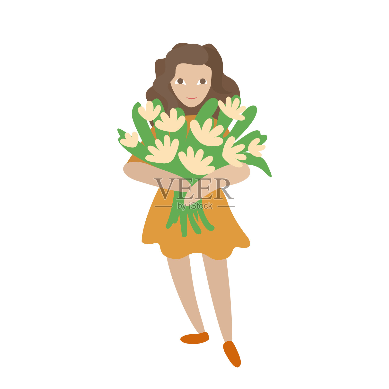 女孩微笑着，手里拿着一束花。向量的性格。插画图片素材