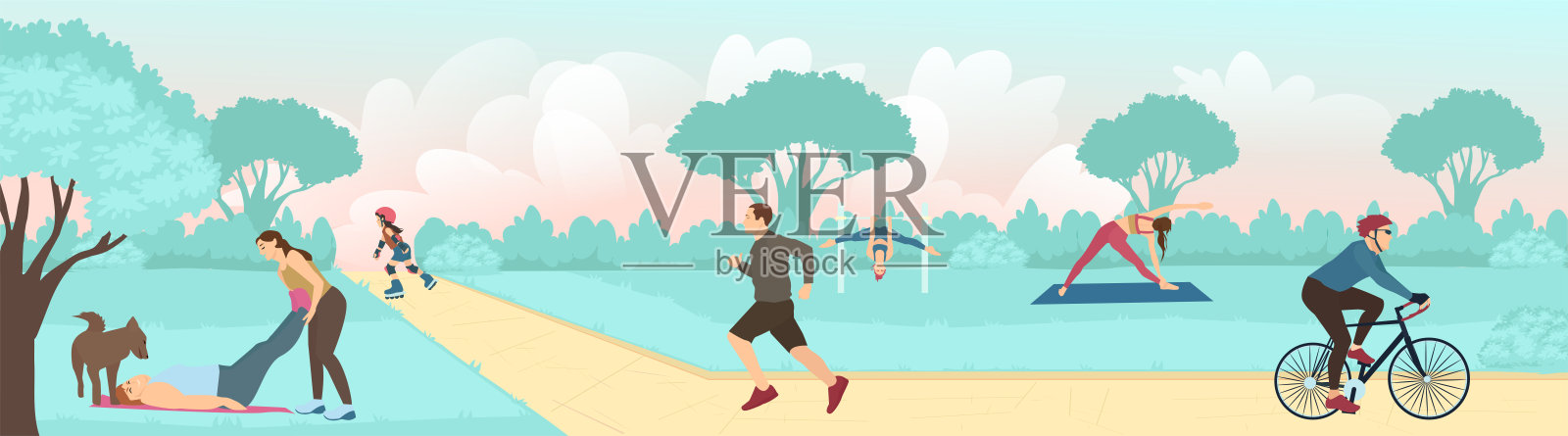 Vector的年轻人在城市公园户外锻炼，跑步，骑自行车和练习瑜伽插画图片素材
