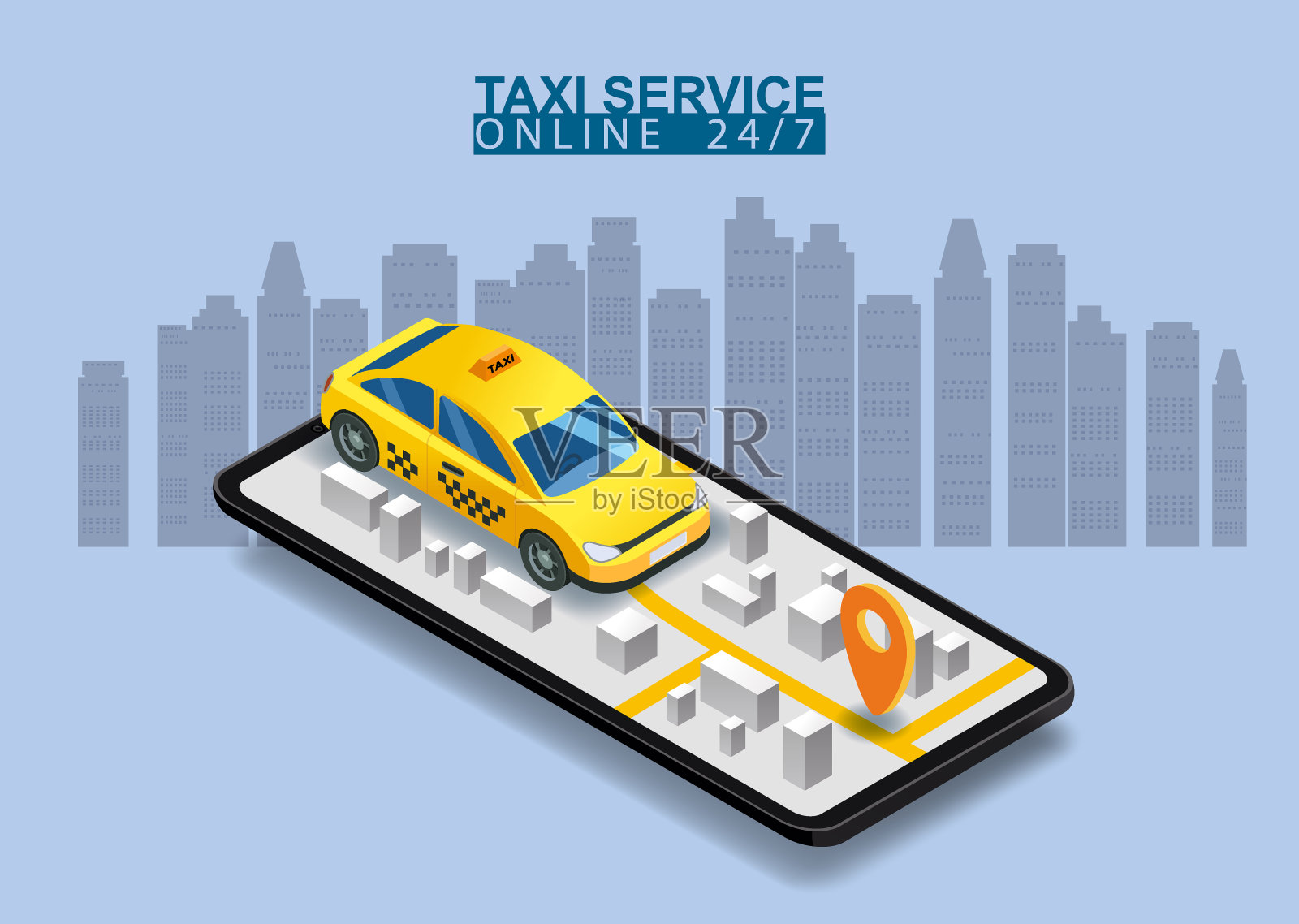 出租车服务等距。智能手机与城市地图路线和点定位黄色汽车。展示出租车应用。在线移动应用订车服务。矢量插图为出租车服务广告，推广插画图片素材