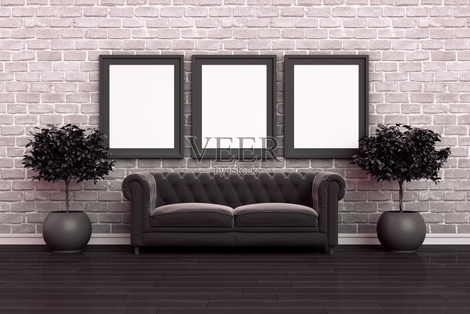 3D室内，客厅，沙发和砖墙空框架照片摄影图片