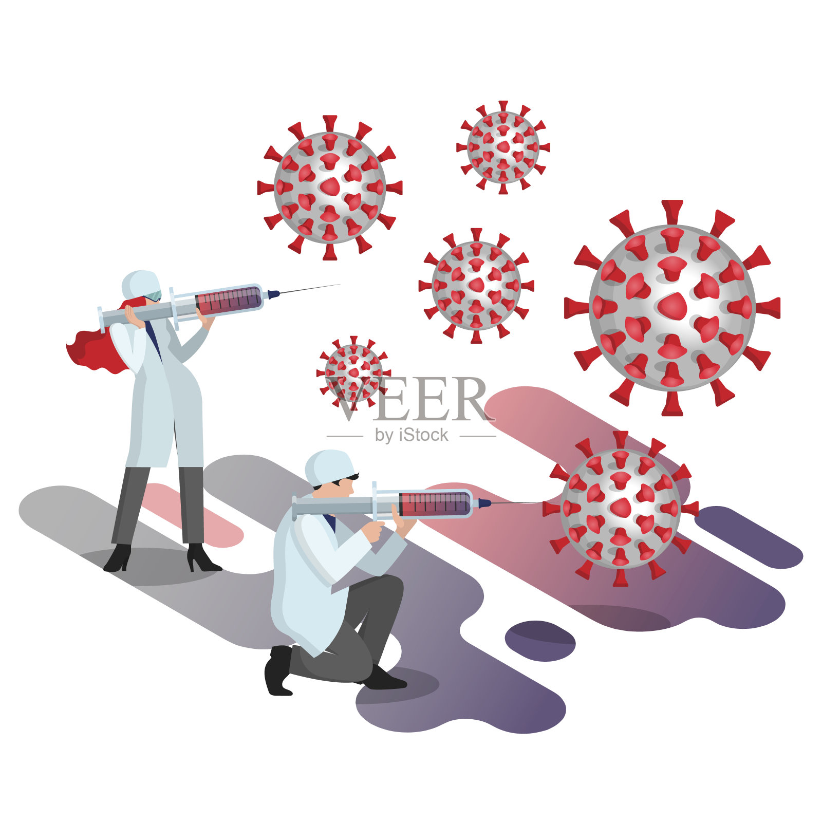 一名男子和一名女子组成的医生团队与一种巨大的新型冠状病毒作战插画图片素材