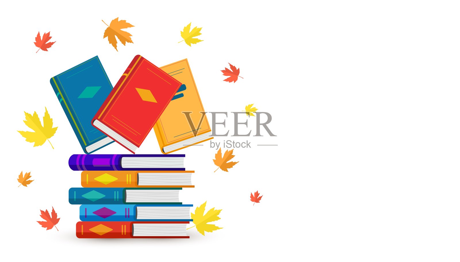 矢量模板与堆叠彩色书籍与秋天的叶子和复制空间。设计元素图片