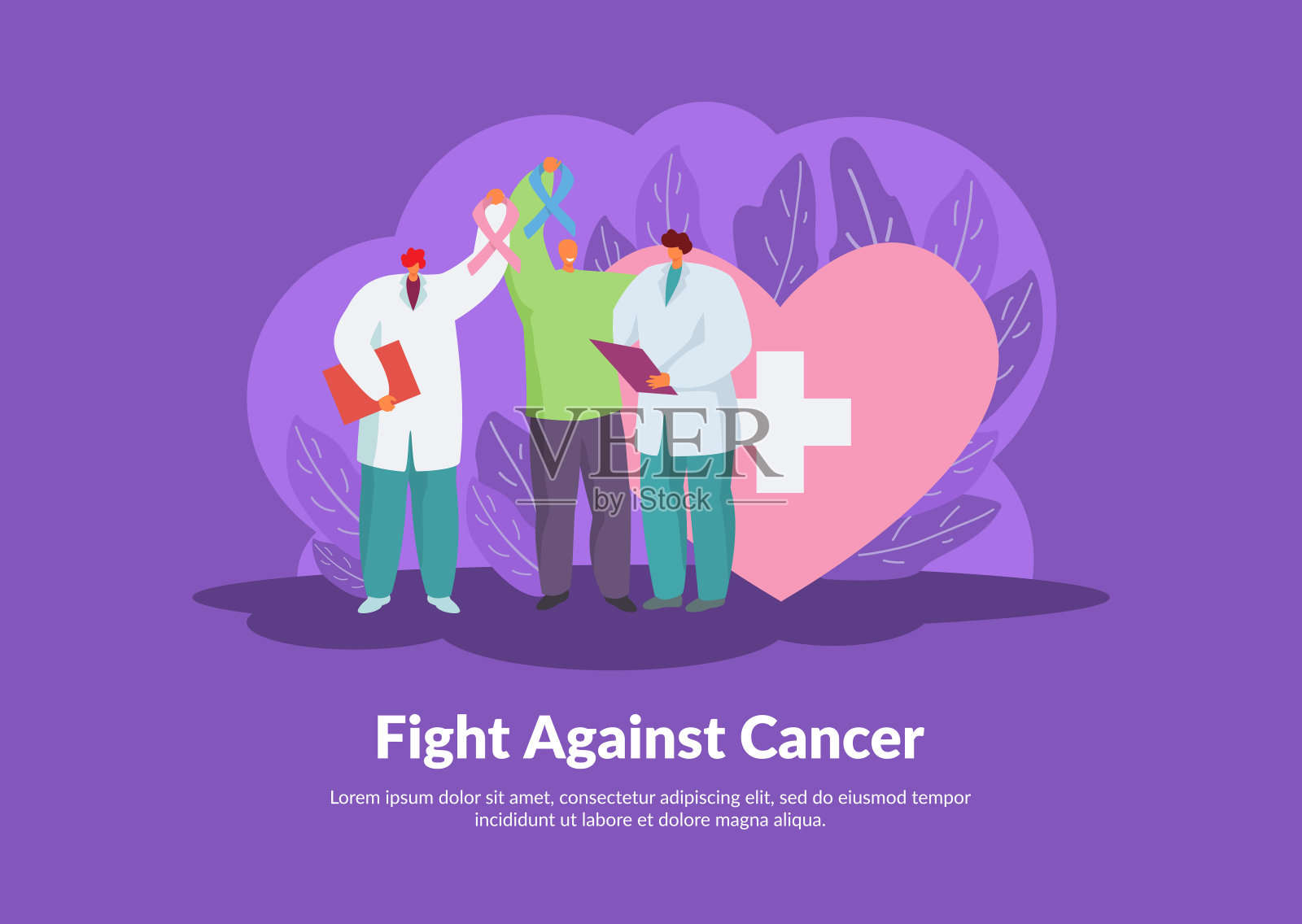 癌症斗争矢量插图，赢得病人和人民医生插画图片素材