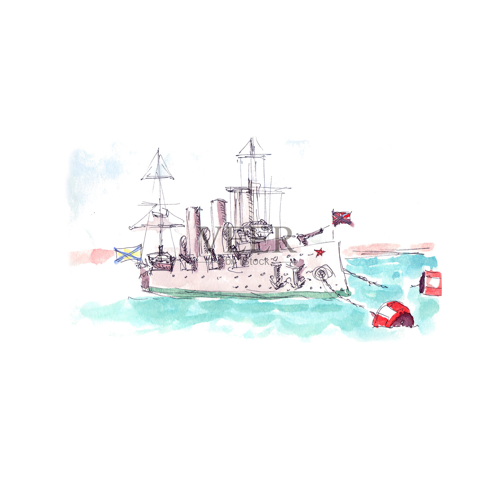 古代战舰“极光”博物馆-水彩画插画图片素材