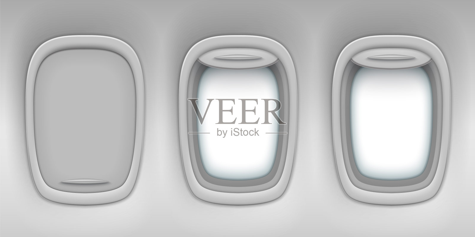 飞机窗口有打开和关闭的百叶窗，矢量背景。逼真的飞机内部与透明的舷窗，飞行旅程，航空和航空旅行插图插画图片素材