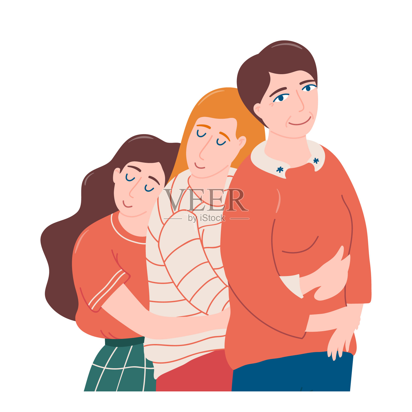 半长，腰部的肖像两个年轻妇女拥抱彼此和他们的妈妈，感觉幸福，母亲和女儿的爱，平面风格的矢量插图在白色的背景。女儿拥抱妈妈插画图片素材