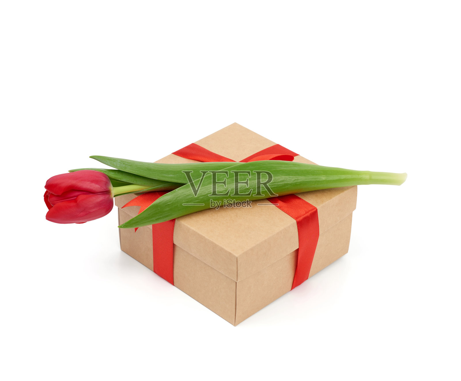 方形的棕色盒子，用红色的丝带和盛开的红色郁金香包裹照片摄影图片