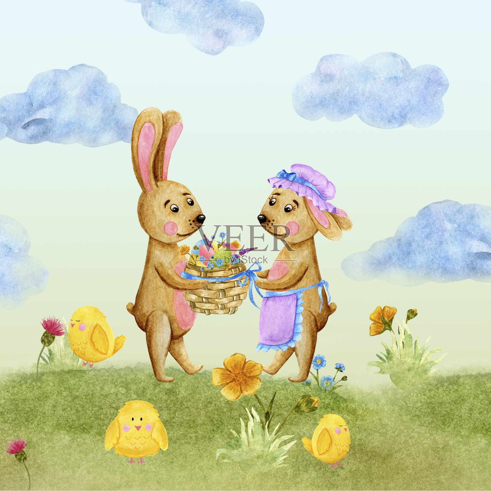 水彩画的复活节卡片一对恋爱中的兔子设计模板素材