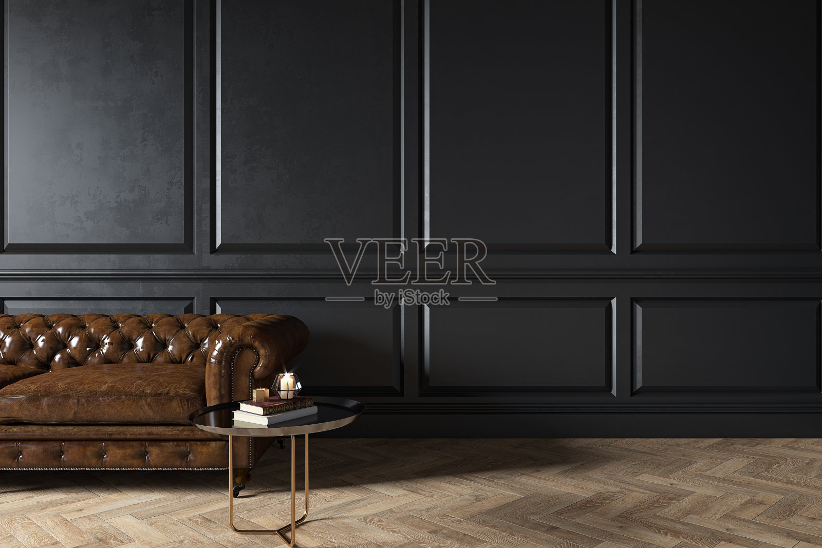 现代古典黑色内饰与capitone切斯特皮革棕色沙发，咖啡桌，木地板，造型。3d渲染室内模拟。照片摄影图片