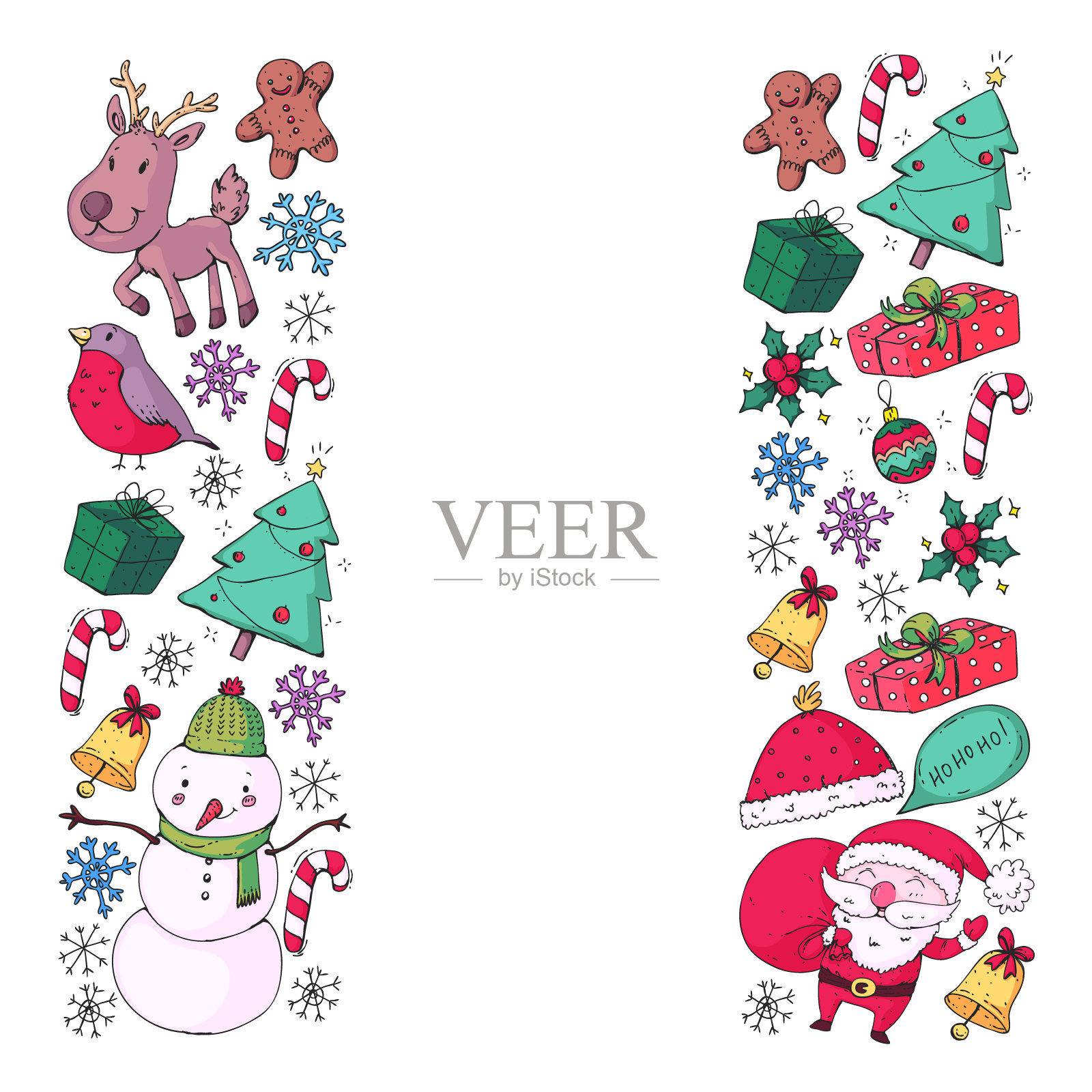 冬季圣诞节聚会。新年快乐。红腹灰雀，圣诞老人，雪人，鹿。礼物和糖果。设计元素图片