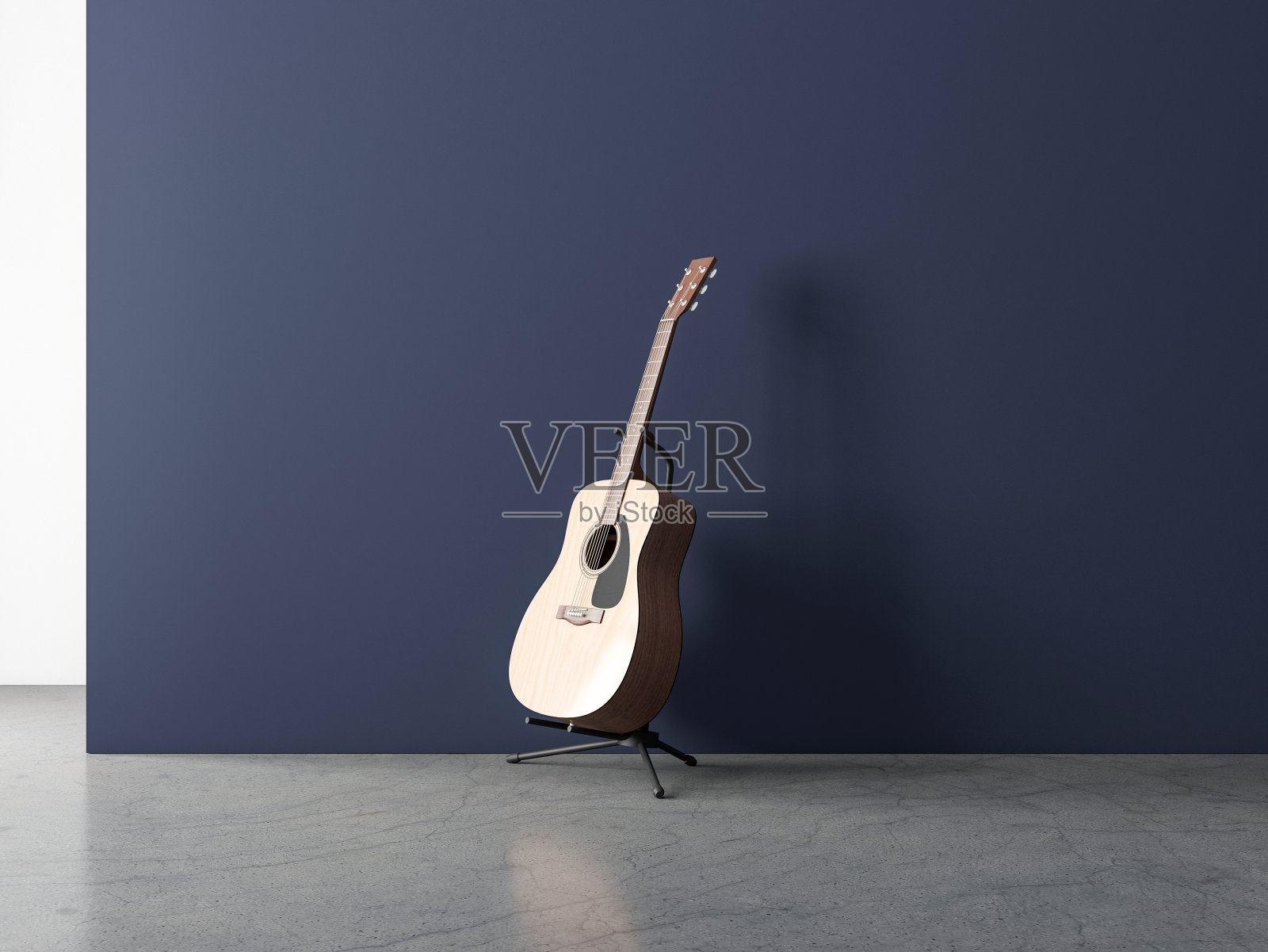 原声吉他模型在蓝色墙壁的空房间照片摄影图片