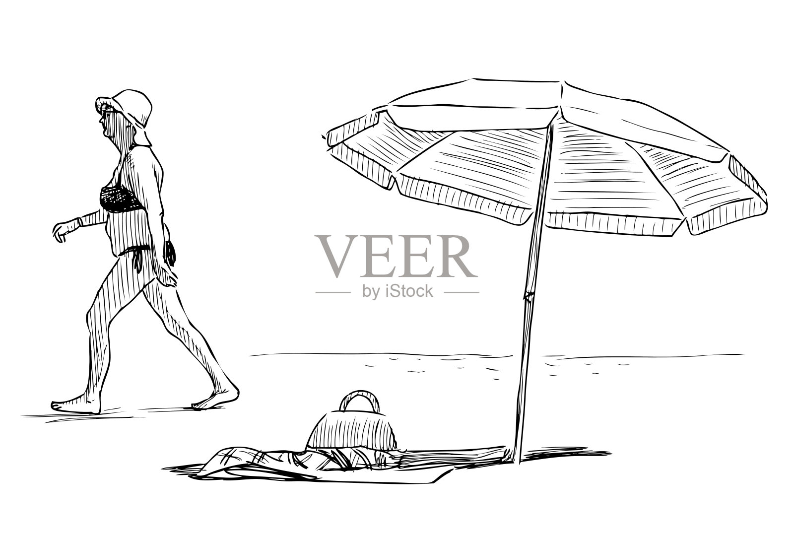 素描的老年妇女走在海边，而日光浴设计元素图片