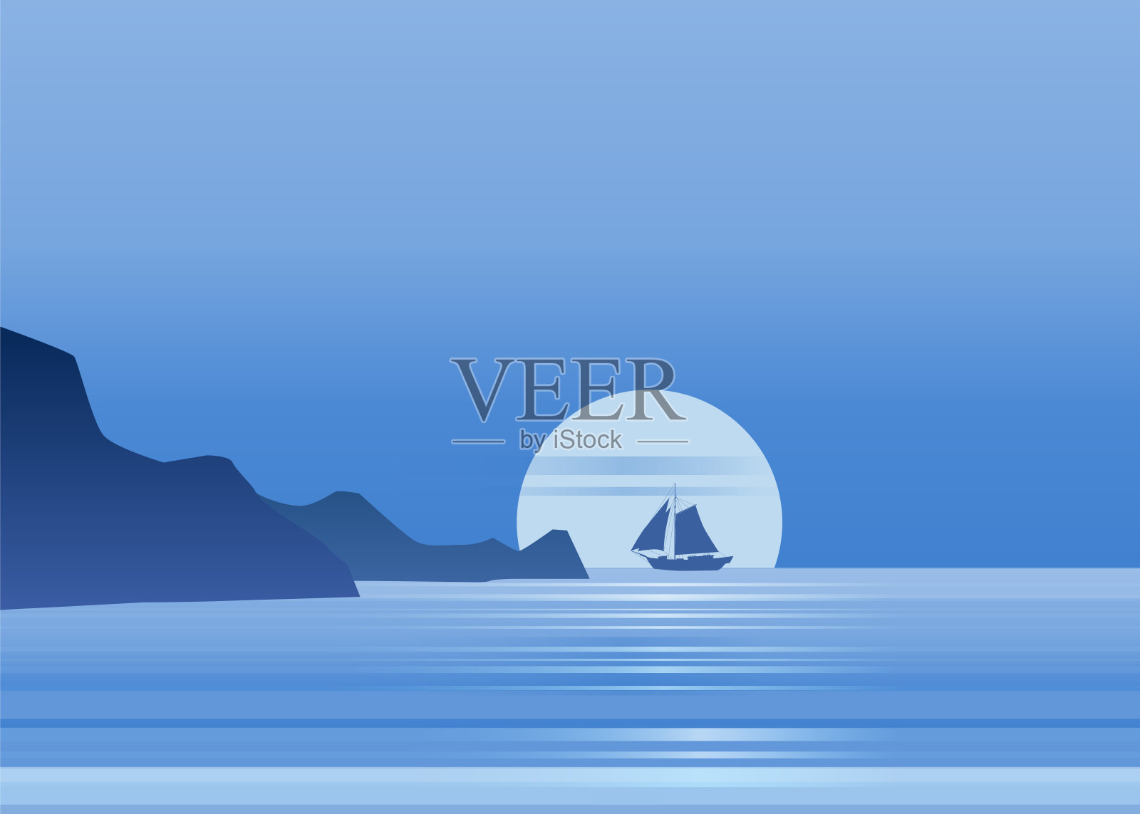 夜晚的月光帆船在蓝色的海洋地平线，矢量背景，岩石，航行插图，矢量，孤立插画图片素材