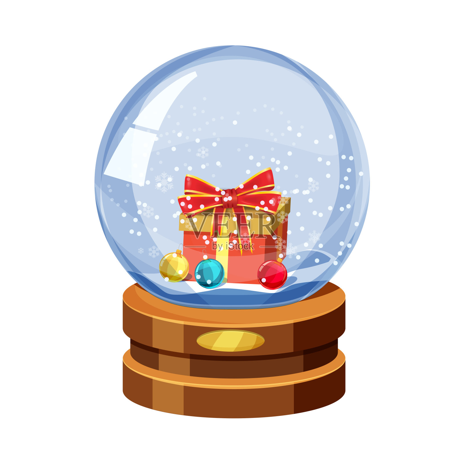 雪球与闪亮的雪和礼物盒圣诞球，金色徽章在棕色的木制底座。矢量圣诞设计元素。卡通风格，矢量，孤立设计元素图片
