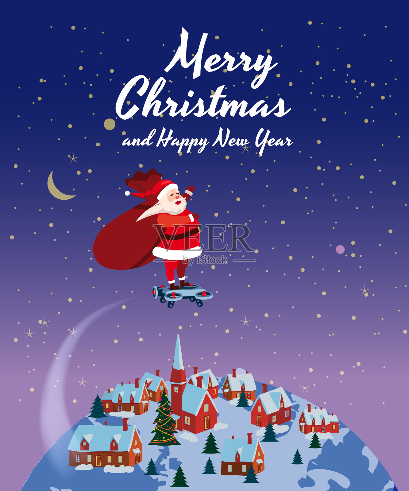悬浮滑板上的圣诞老人带着一袋礼物飞着周游世界。恭贺圣诞和新年快乐。矢量，横幅，海报，贺卡，插图，孤立设计模板素材