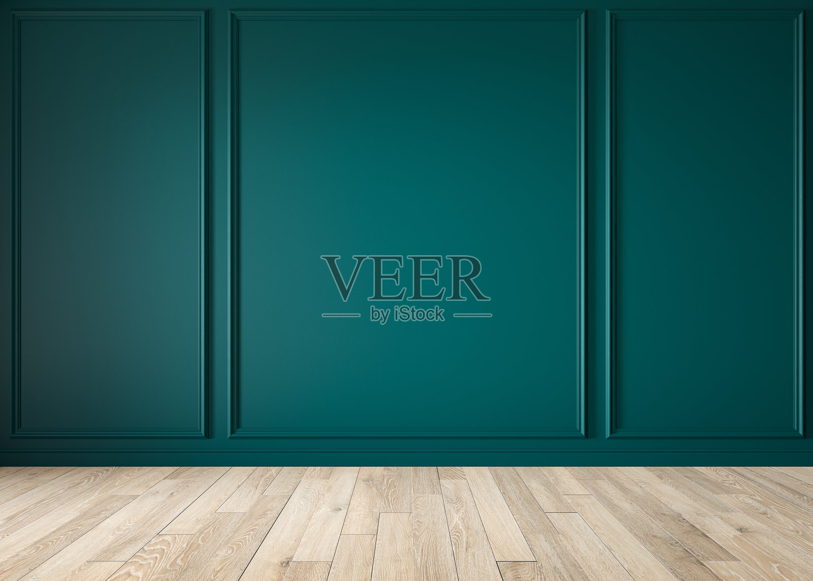 现代古典的皇家绿色，绿松石色空内墙面板，线材和木地板。3d渲染插图模拟。照片摄影图片