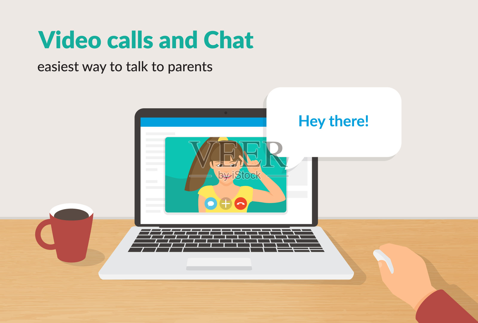 视频通话和聊天概念平面矢量插图快乐的女孩与她的父母交谈插画图片素材