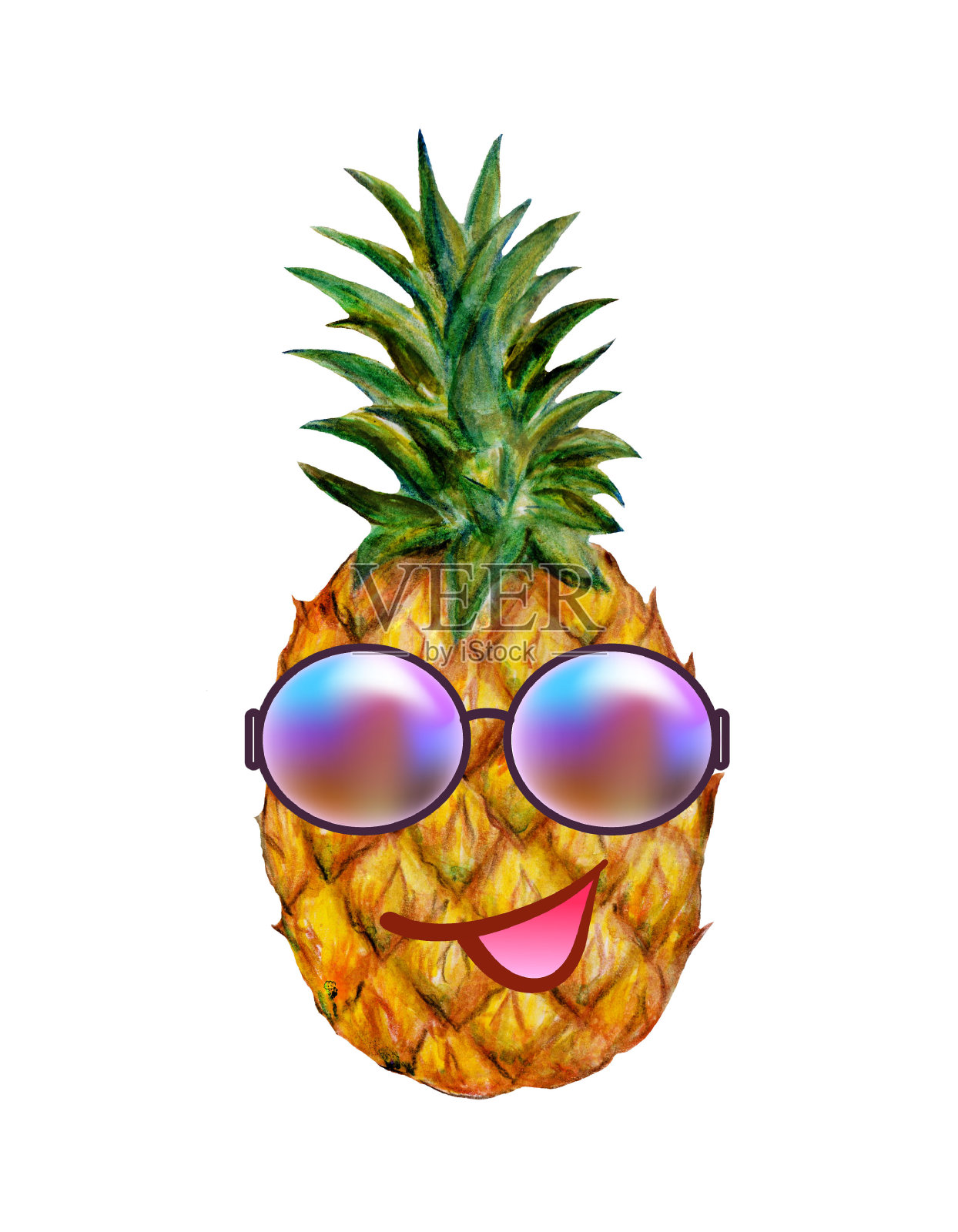 菠萝热带水果，夏季概念，卡通人物太阳镜，水彩插图孤立在白色背景插画图片素材