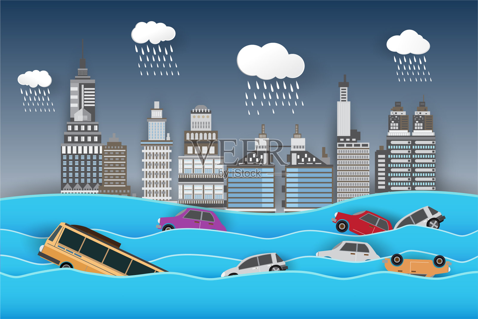 城市洪水，城市街道的洪水，倒下的树，矢量设计插画图片素材