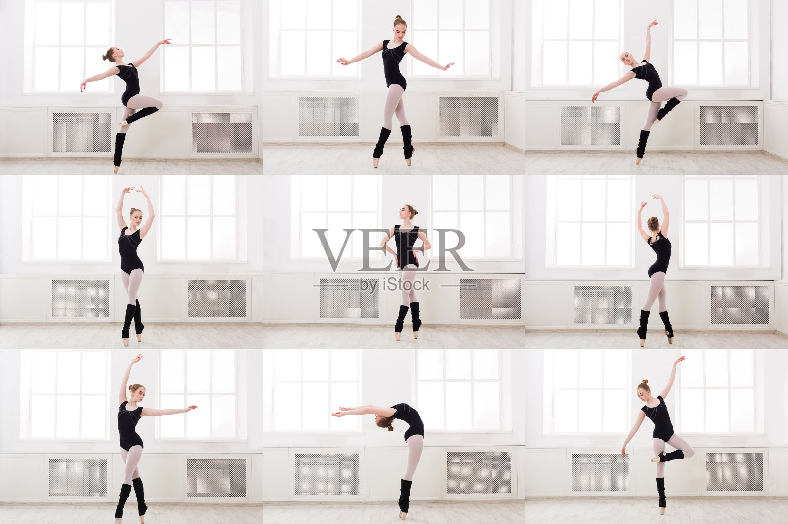 一组年轻的芭蕾舞演员站在芭蕾舞姿势照片摄影图片