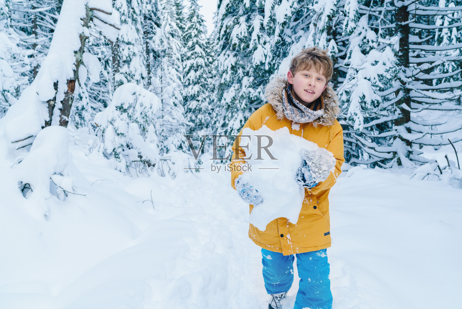 年轻的十几岁的男孩有一个乐趣在雪山森林周末散步。孩子拿着巨大的雪片，没有戴帽子沿着小路走。简单有趣的来源概念图像。照片摄影图片