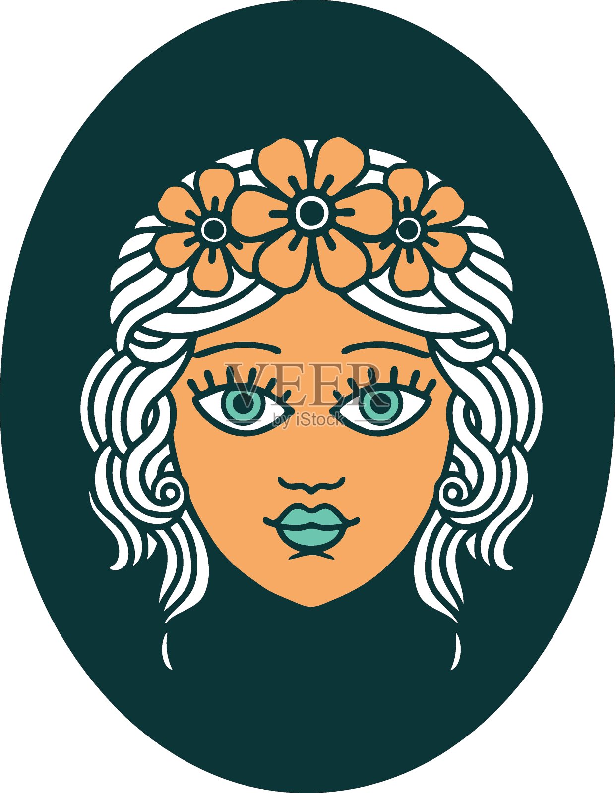 纹身风格的图标，一个少女与花冠插画图片素材