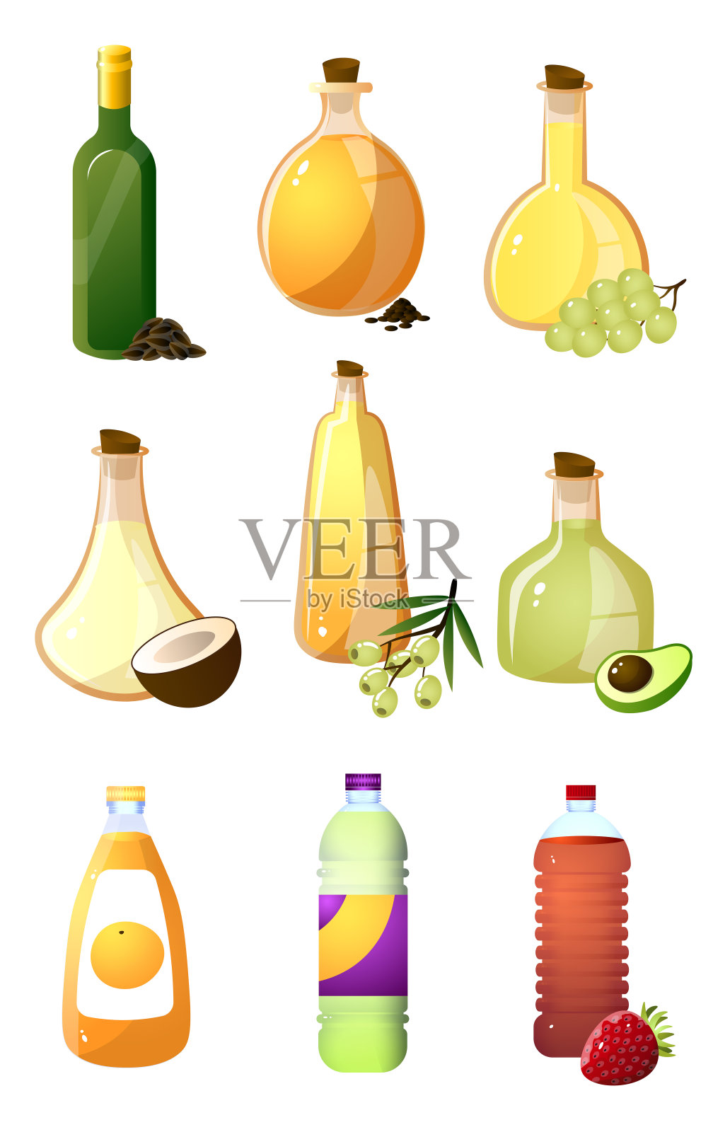 玻璃瓶装不同的油或醋供厨房使用插画图片素材