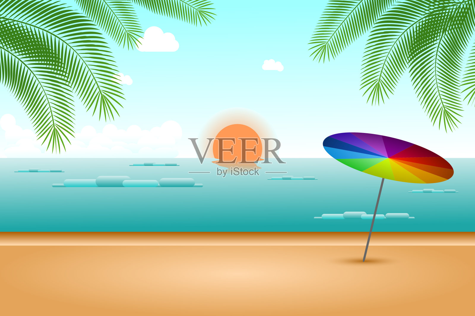 夏日海滩与彩虹伞和蓝天背景。插画图片素材