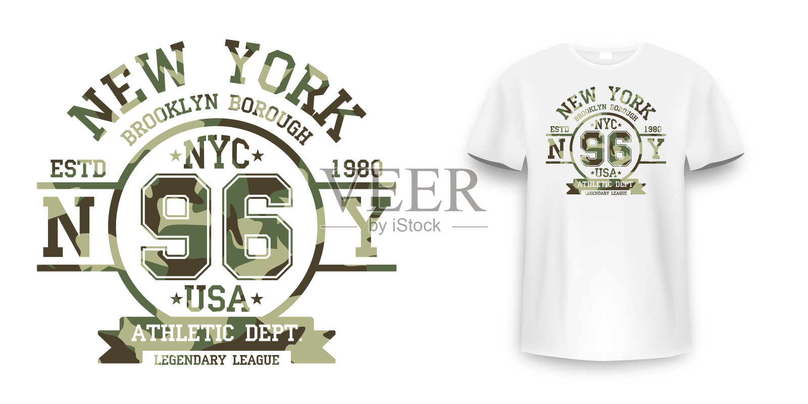 军旅风格的t恤设计，带有迷彩纹理。纽约市印刷与口号衬衫印刷。白色t恤模型与图形印花插画图片素材