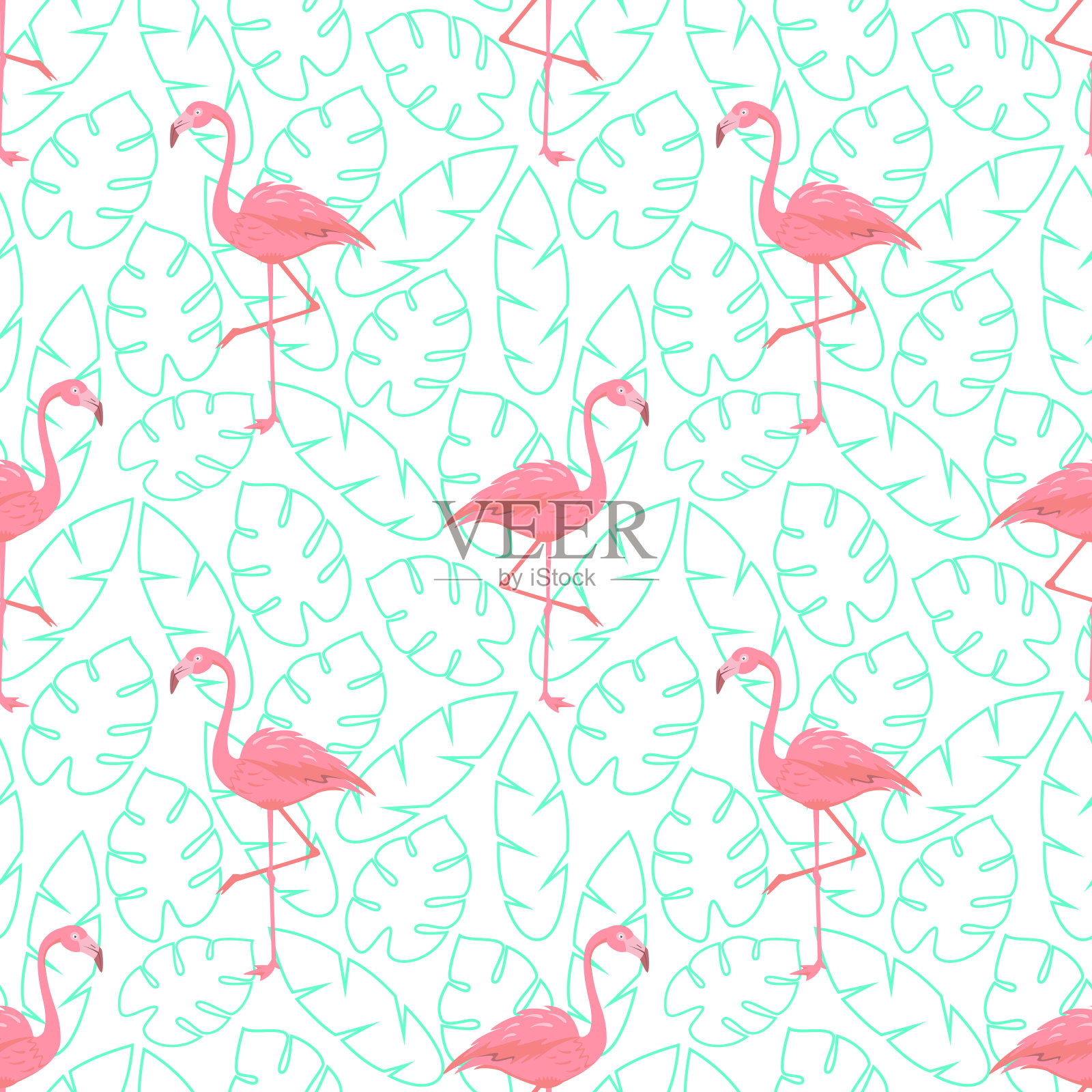 粉红色火烈鸟和热带叶子无缝图案。插画图片素材