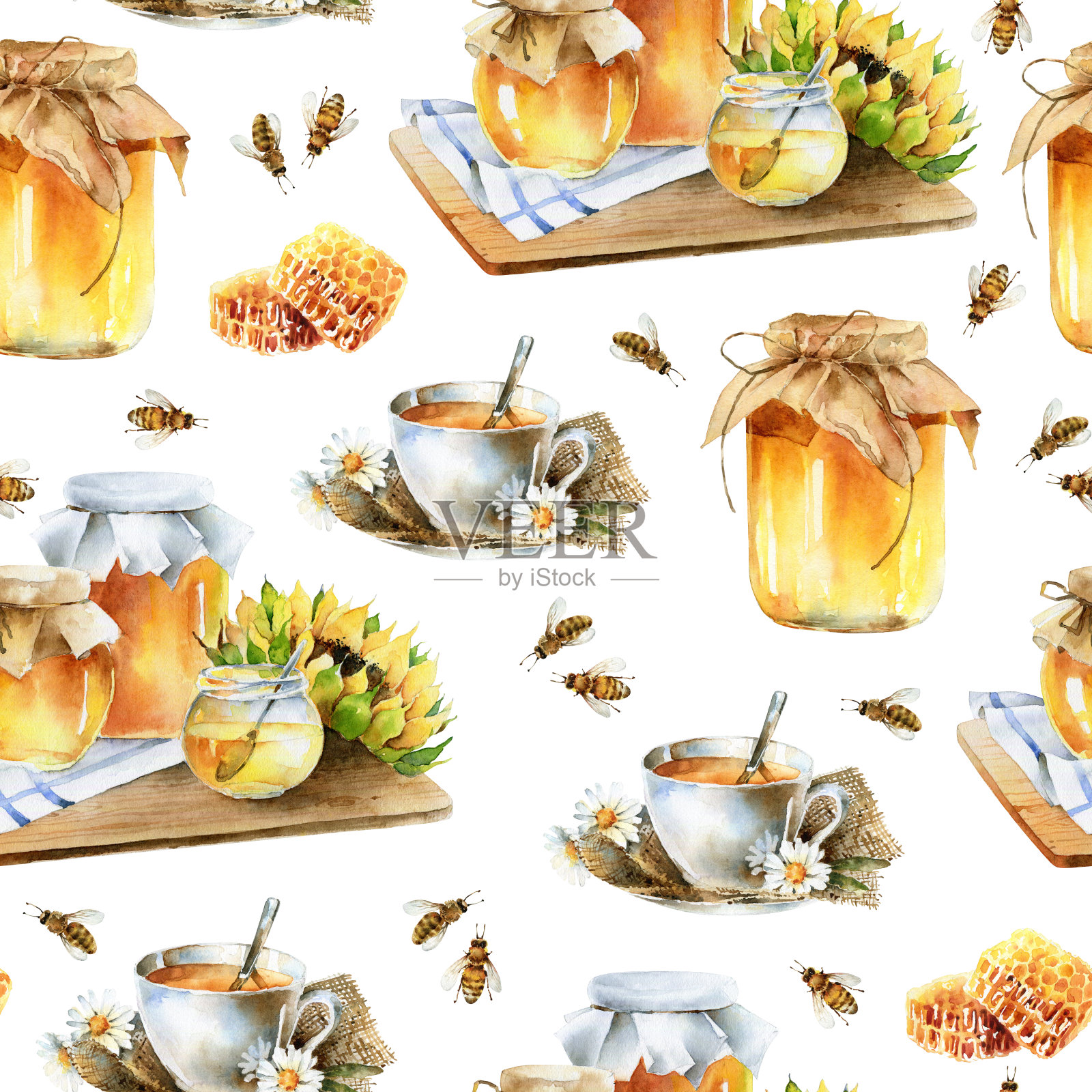 水彩美味无缝图案与蜂蜜插画图片素材