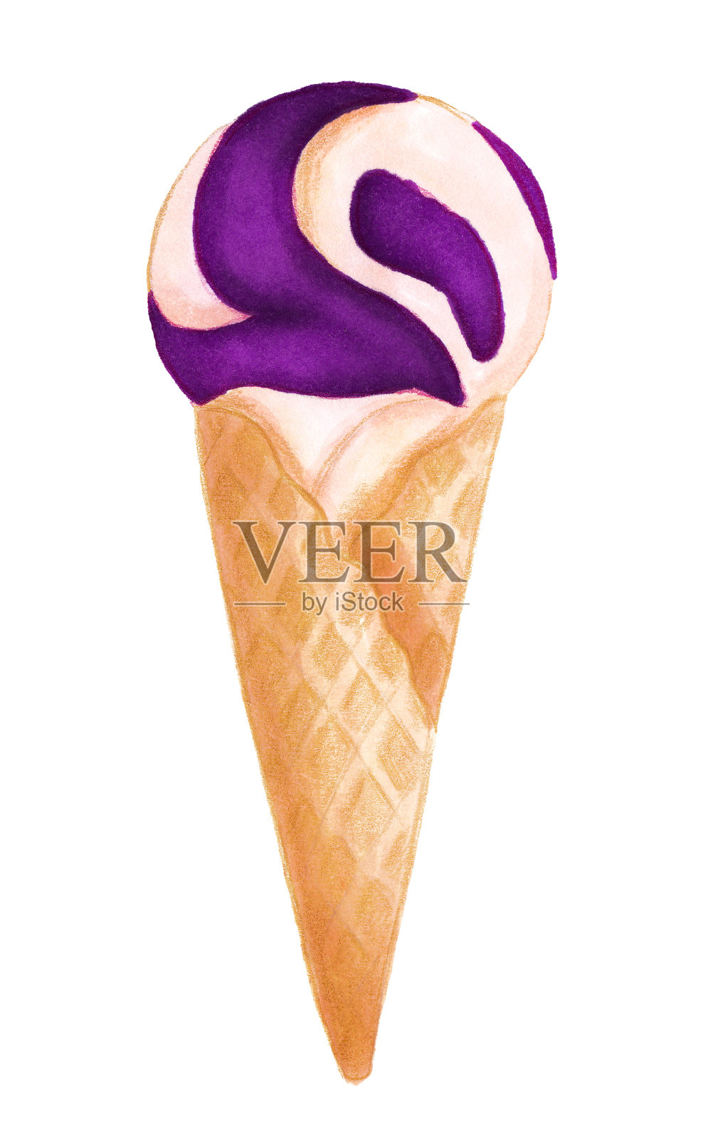 带有香草和蓝莓果酱的华夫筒冰淇淋的味道在白色的背景上被孤立了。手绘写实插图。可爱风格的产品设计。亲爱的甜点。插画图片素材