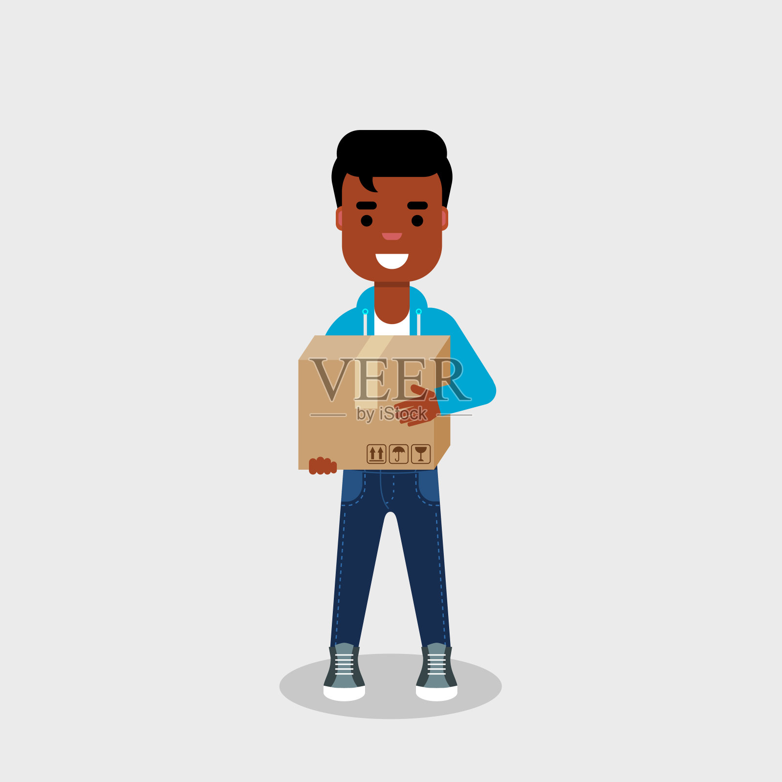 一个年轻快乐的非裔美国人拿着一个纸板箱。送货服务的概念。动天的概念。插画图片素材