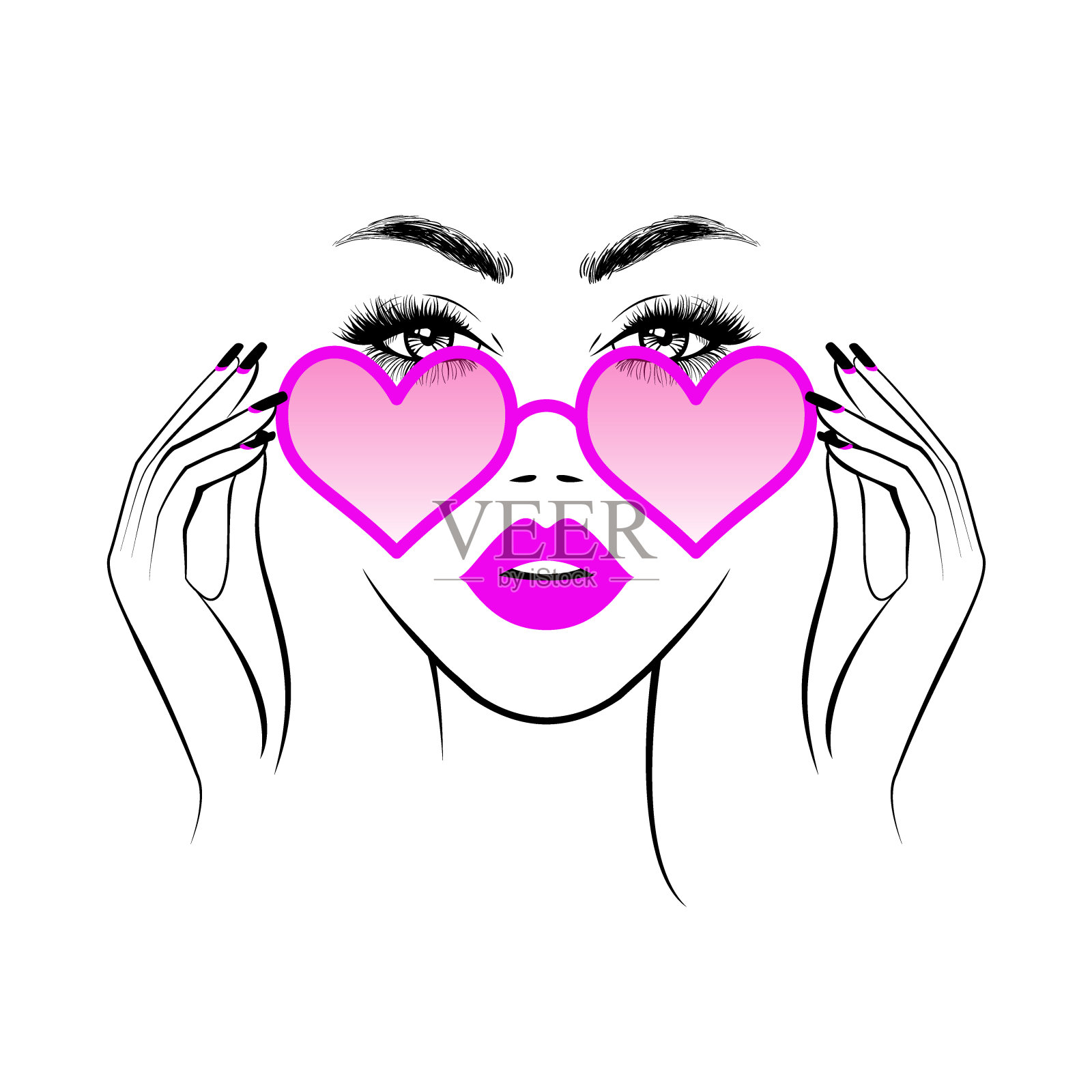 时尚漂亮的女人，年轻的脸上戴着甜粉心太阳镜，手上涂着黑粉指甲。美丽的标志。矢量插图。插画图片素材