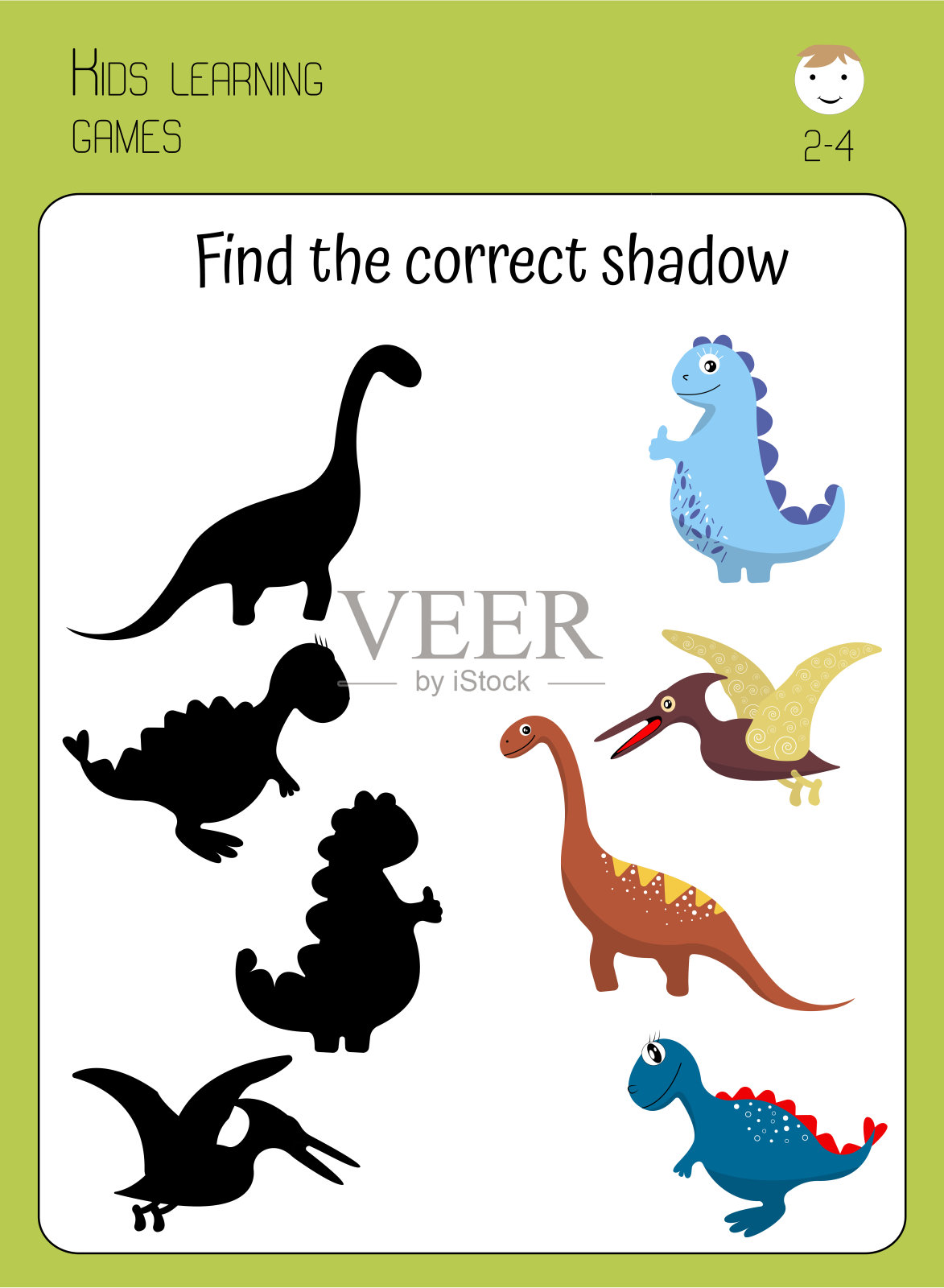 找到正确的恐龙影子。卡通可爱的恐龙。儿童游戏，蹒跚学步的孩子。学龄前儿童教育卡。插画图片素材
