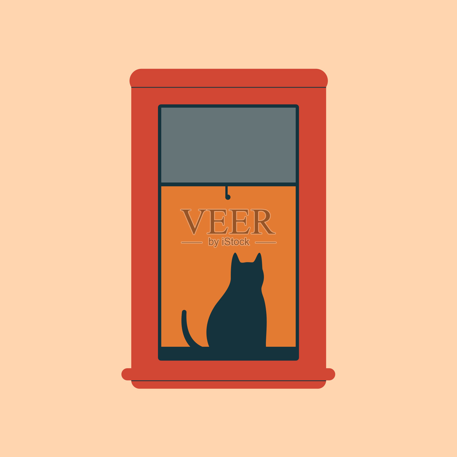 黑猫在晚上坐在开着的红色窗户附近。插画图片素材