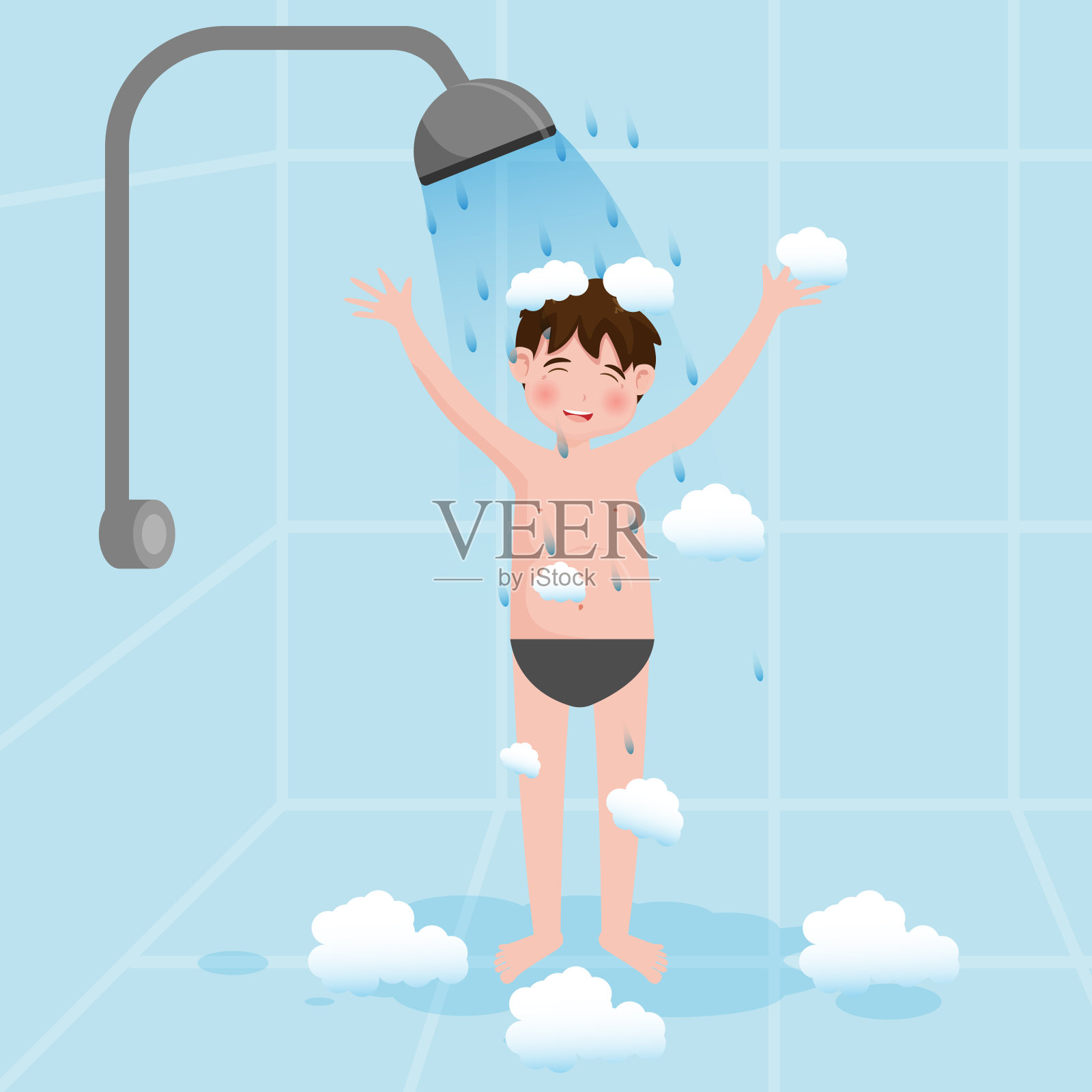 小男孩独自洗澡的背景。矢量插图在卡通人物扁平风格。插画图片素材