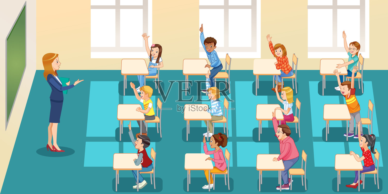 教育，小学，学习和人的概念-一组学校的孩子与老师坐在教室和举手。插画图片素材