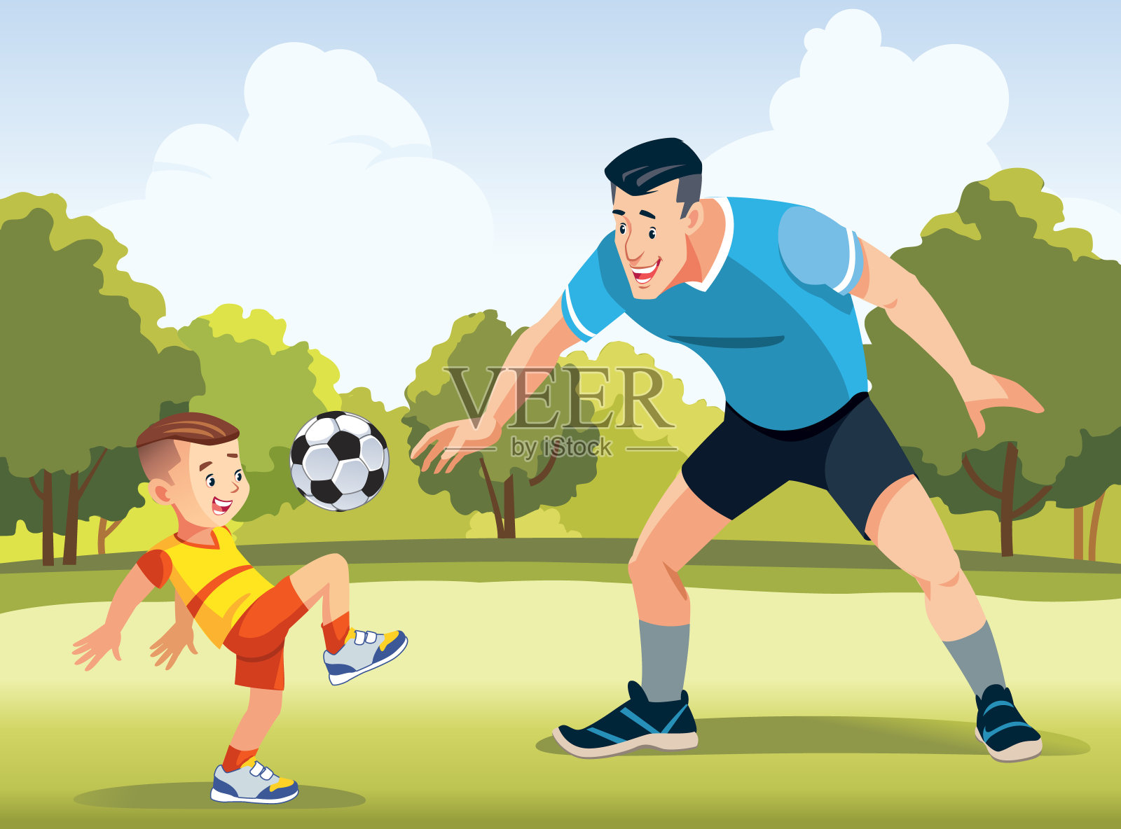 年轻的父亲和他的小儿子在足球场上踢足球在白天。友好家庭的概念。祝您父亲节快乐。矢量插图。插画图片素材