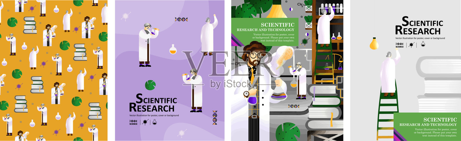 科学研究与技术。一套科学家图案的海报;实验室科学实验;穿着白大褂，带着装备的人。矢量插图海报，封面和背景插画图片素材