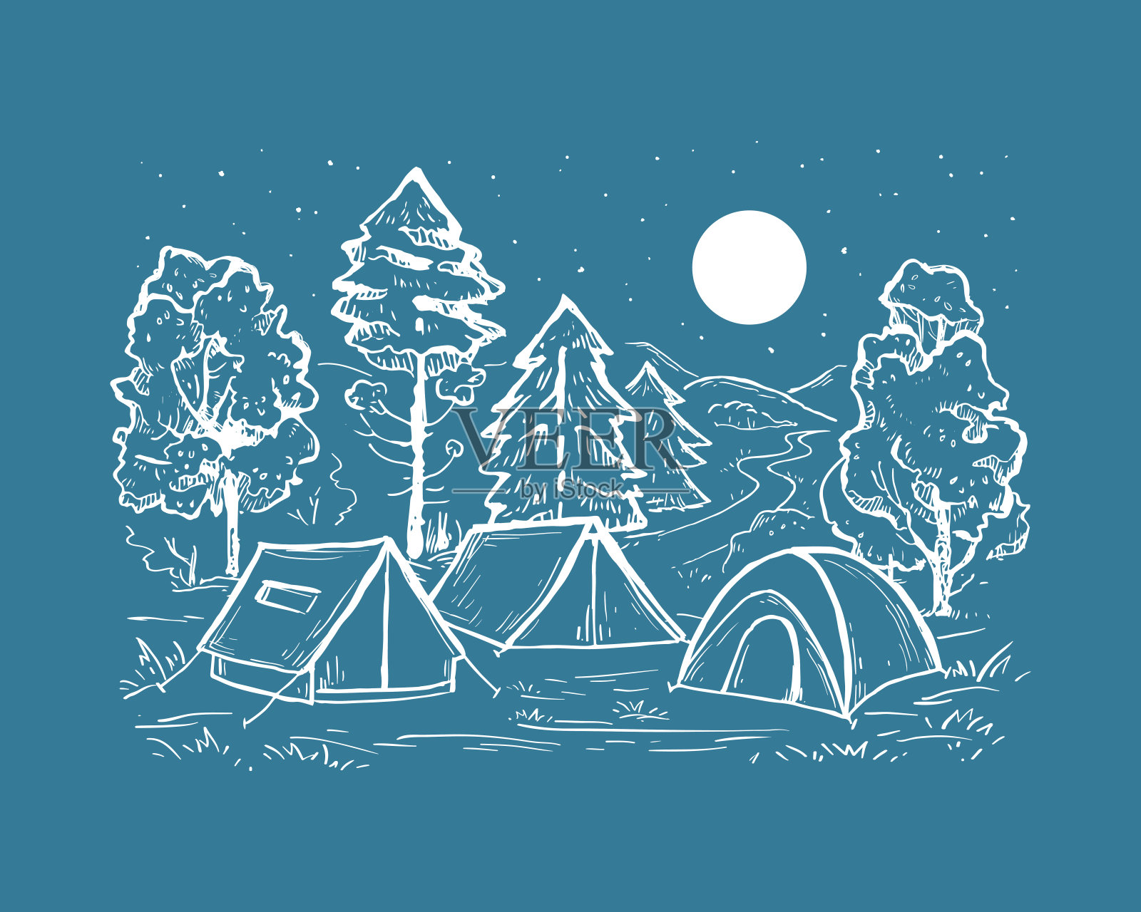 素描向量的针叶林，帐篷，山和月亮。雕刻风格插画图片素材