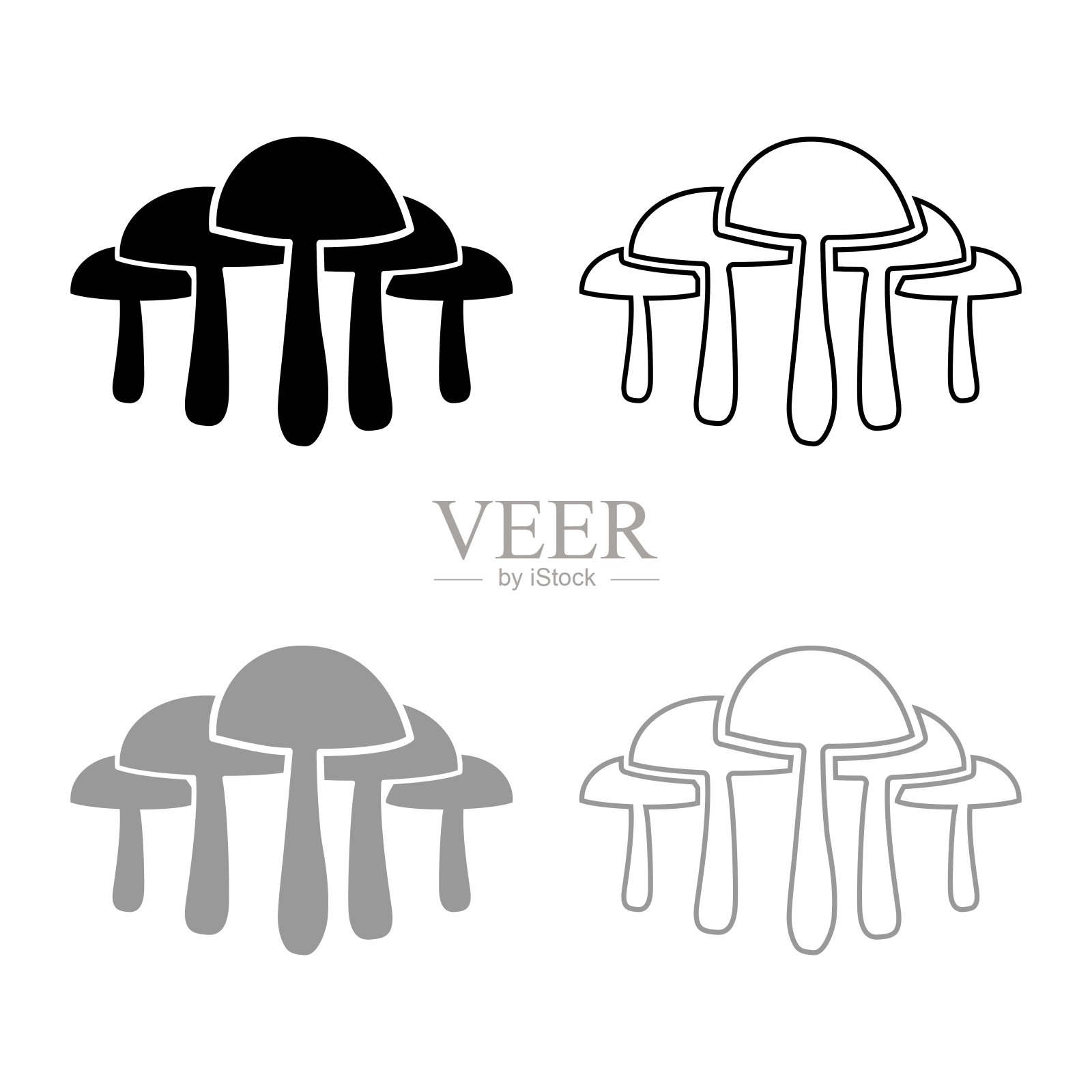蘑菇图标轮廓设置黑色灰色矢量插图平面风格图像插画图片素材