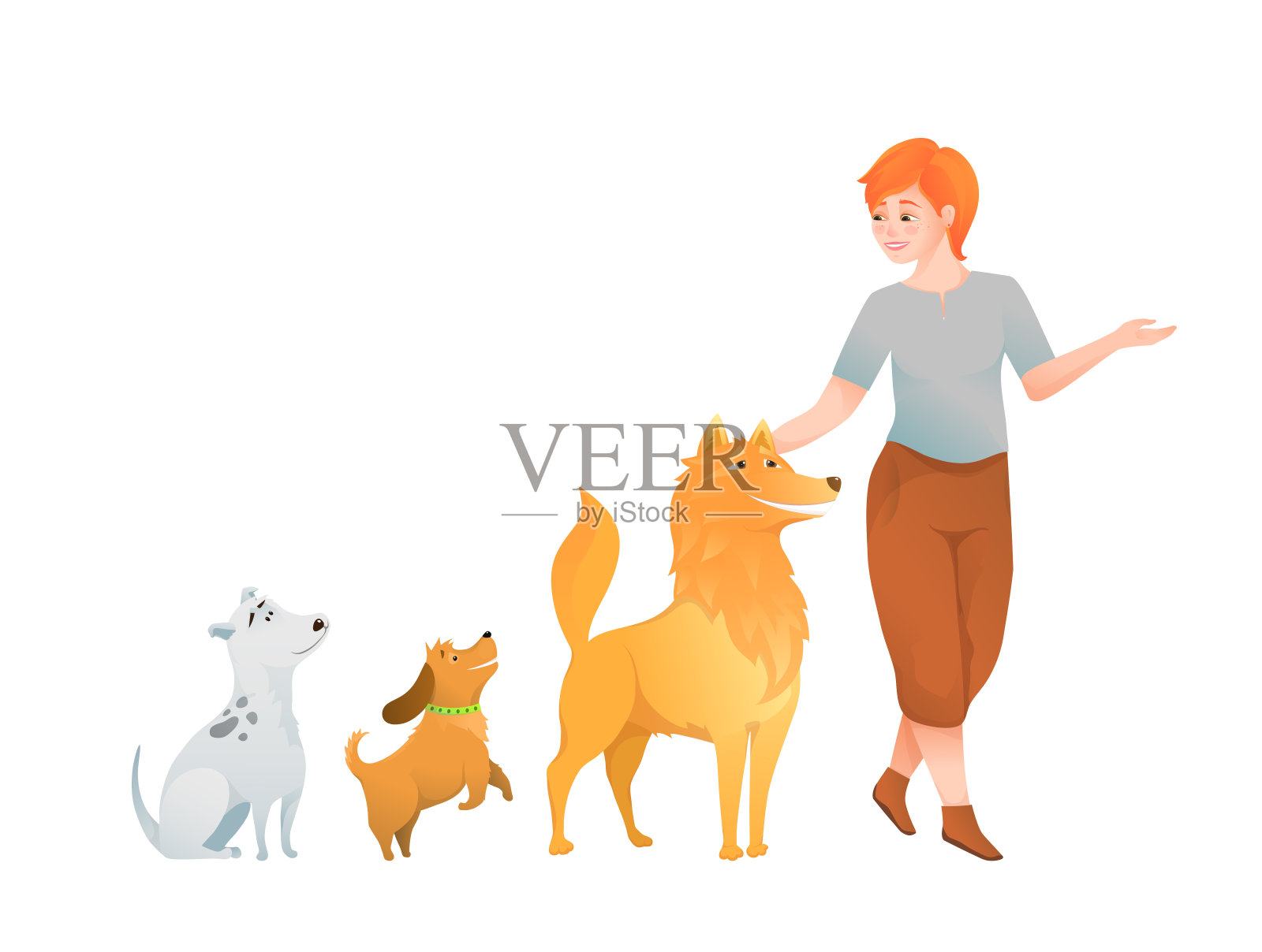 爱狗的女人，遛狗的主人带着树狗，照顾小狗的卡通女士设计。设计元素图片