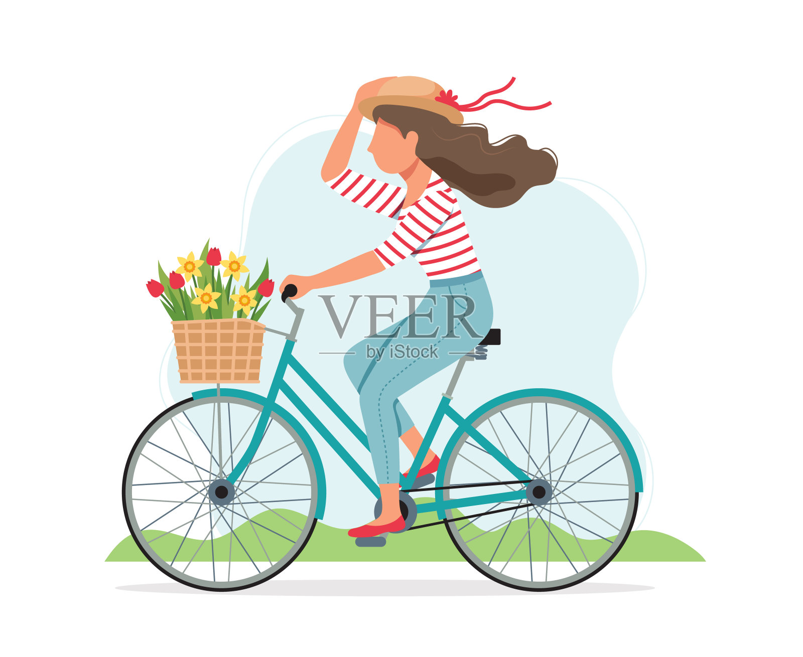 女人在春天骑着自行车，篮子里放着鲜花。可爱的矢量插图在平面风格设计元素图片